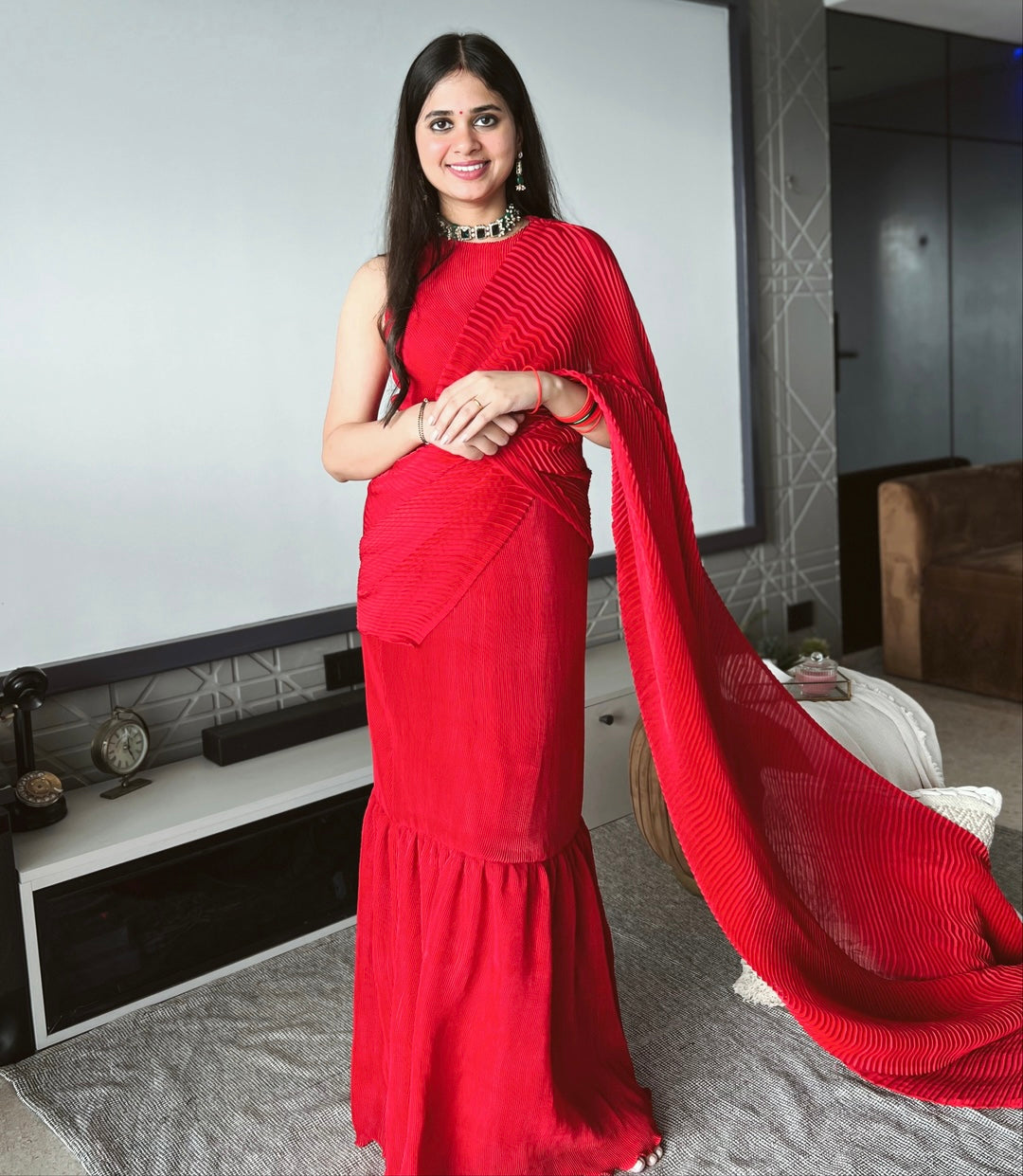 Red Pleated Saree