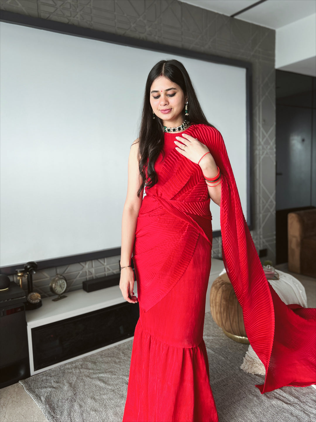Red Pleated Saree