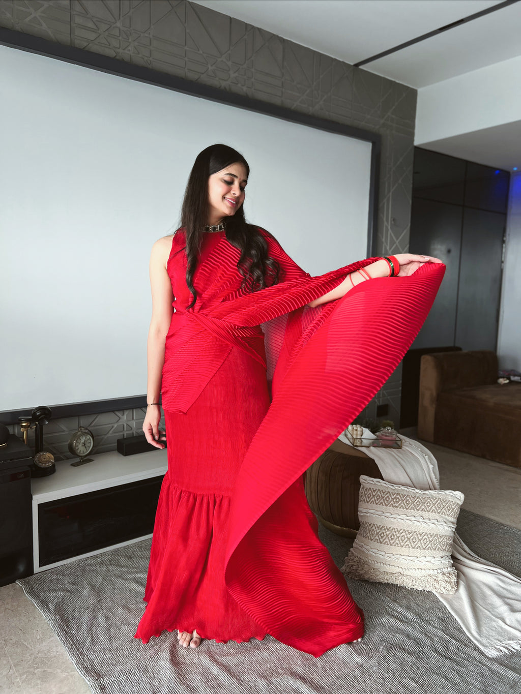 Red Pleated Saree
