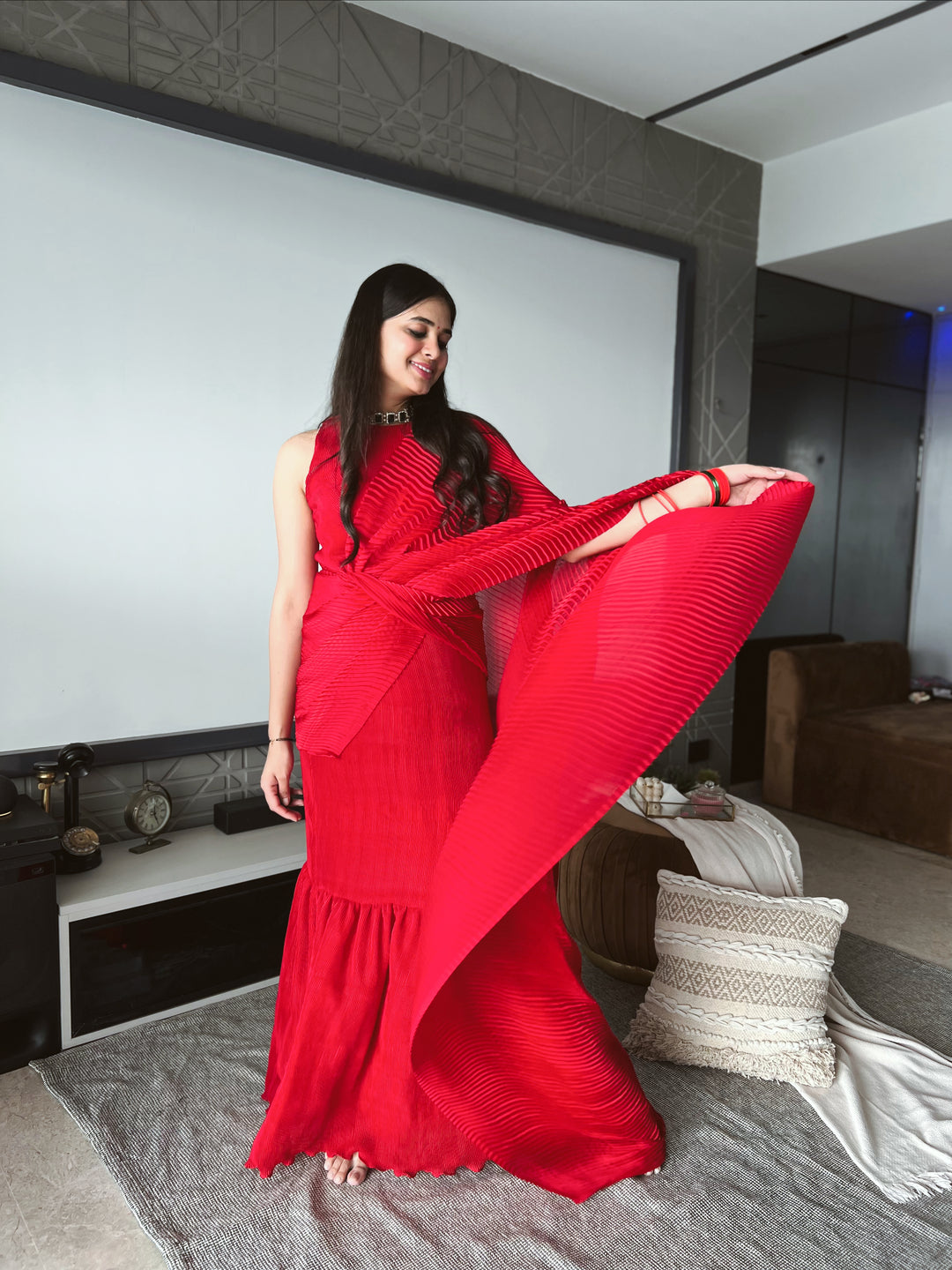 Red Pleated Saree