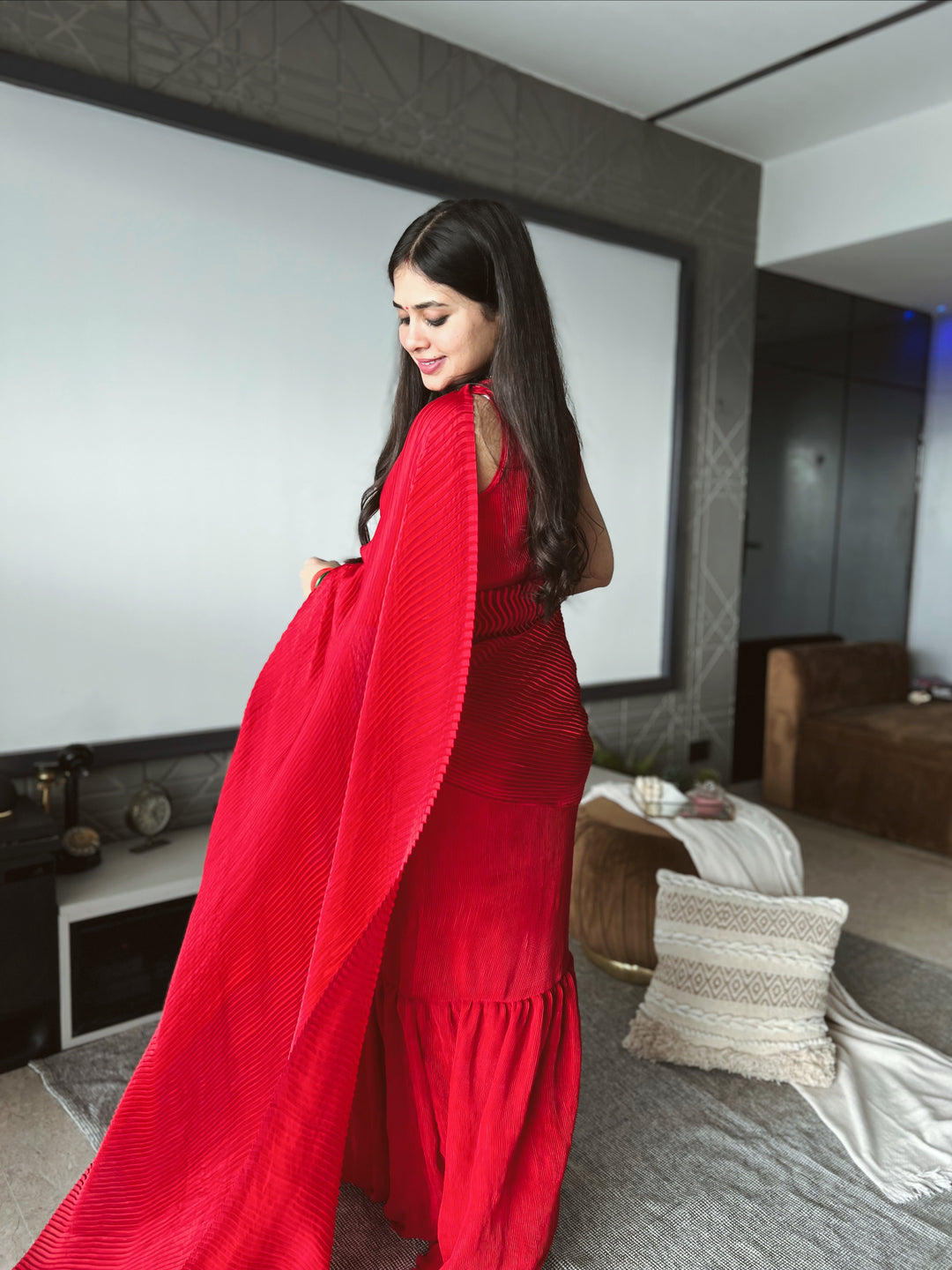 Red Pleated Saree